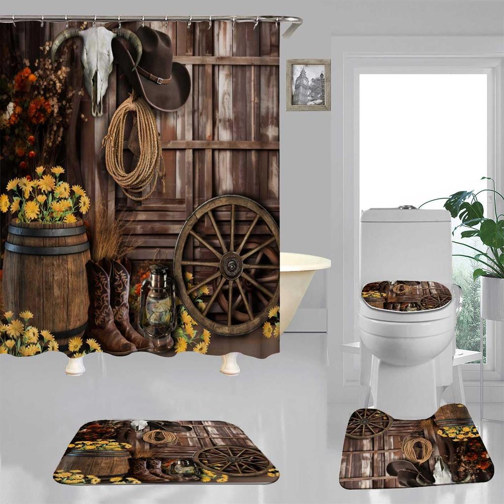 4PCS Western Shower Curtain Sets With Rugs, Country Barn Door Shower Curtain, Waterproof Fabric Brown Shower Curtain Cow Skull Cowboy Boots Hat