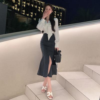 Elegant Black Ruffled Open Female Summer Years High Waist Slim Package Hip Elastic Fishtail Mid-length Skirt Comfortable Fashion Denim Bustier Skirt