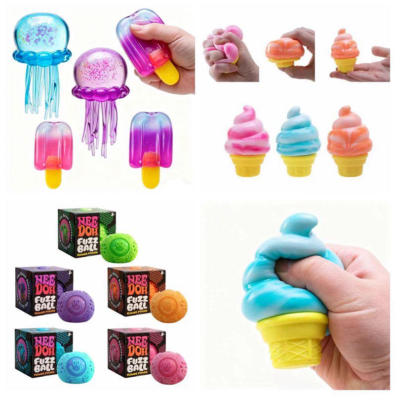 Nee Doh Fuzz Ball Jellfish Ice-Cream Jellyfish Stress Ball Squishy Toy Soft Squeeze Ball Anti-Anxiety Squishy Gift Present