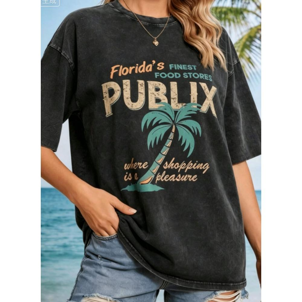 Ретро Летние Стиранные Черные Футболки с Принтами Серфборд, Пляж и Флорида Publix для Отпуска и Местных Фанатов S