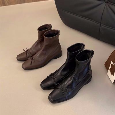 Stivali Corti Moda Donna Slim Chiusura Zip Posteriore Scarpe Eleganti da Donna Punta Quadrata con Fiocco Stivali Corti Moderni da Donna Scarpe