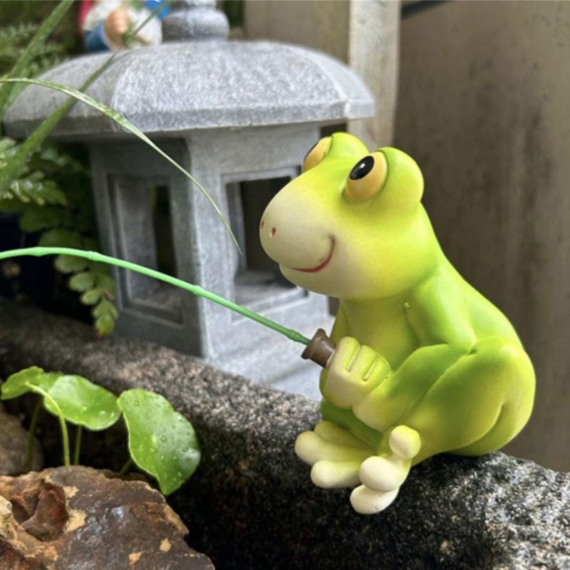 Cartoon Frogs Fishing Garden Sculpture Weather Resistant Resins Craft Figurine for Patios Fishponds and Landscape Design