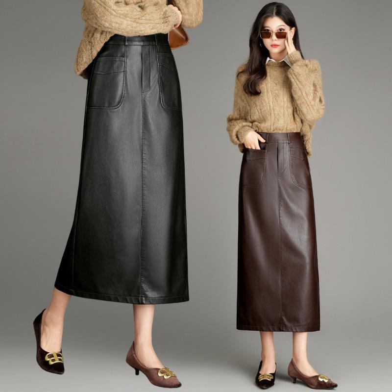 Luxurious Mid-Length Lambskin Leather Skirt with Stylish Slit for Women - Perfect for Autumn and Winter Elegance