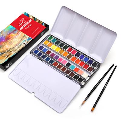 Portable 48Colors Pigment Solid Watercolor Paints Set Tin Box Paint Set Brush Pen Water Paper