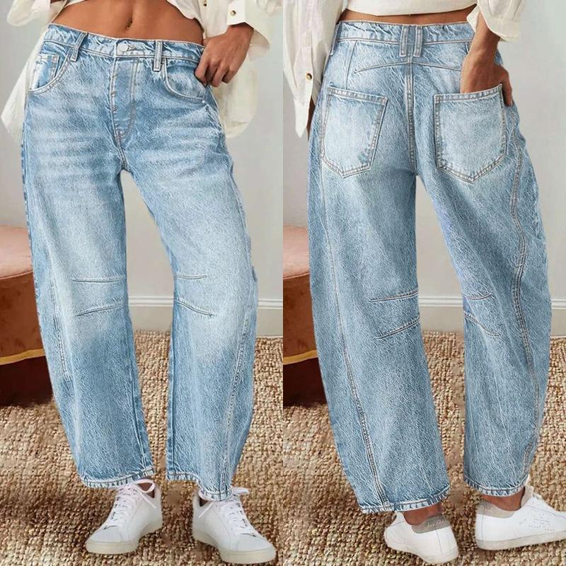 Kadın Vintage Muz Pantolon Bol Pala Pantolon Geniş Paça Pantolon Orta Bel Düz Kot Pantolon
