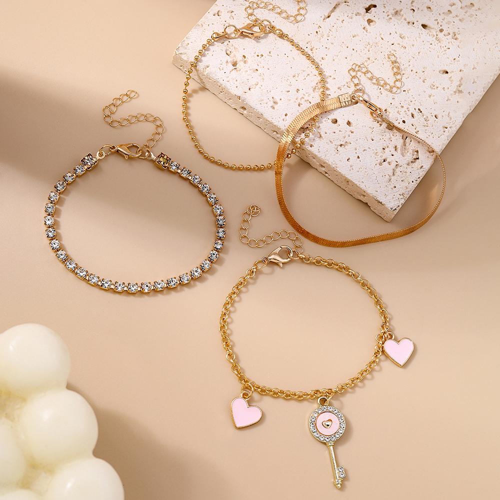 4pcs/set Romantic Crystal Key Love Heart Charm Bracelets for Women Girls Gold Color Chain Bracelet Bangle Jewelry Gifts