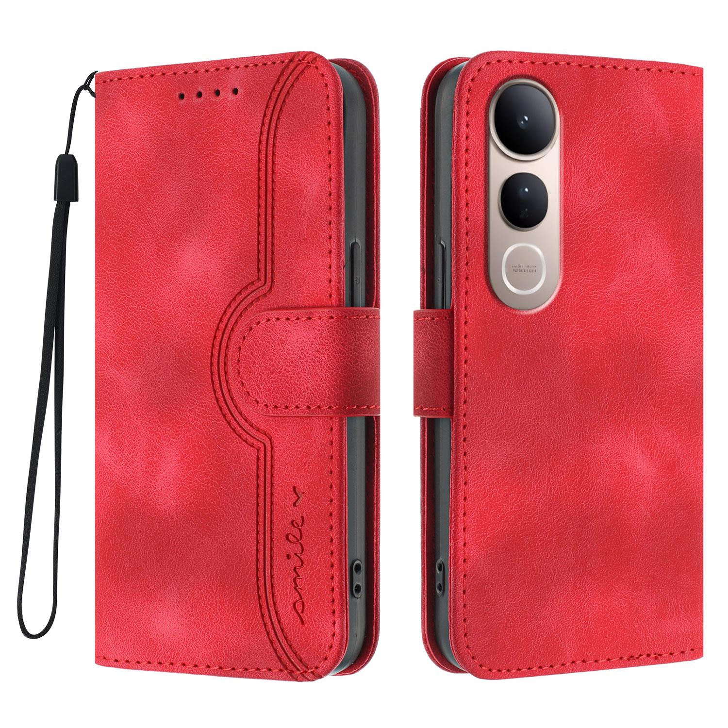 

For vivo V50 Lite 5G Leather Case Wallet Stand Smile Imprinted Phone Cover with Strap Red
