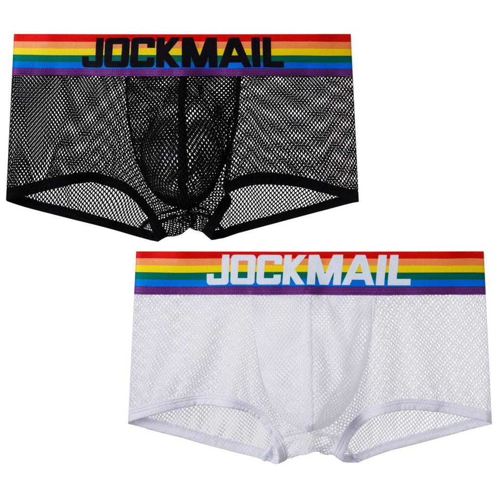 Boxer JOCKMAIL Sexy Mesh Breathable Boxer Briefs Rainbow Color Stripe Low Waist Fashion Men's Underwear