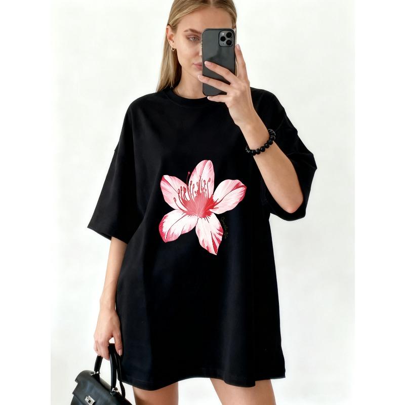 Oversized T Shirt Dress Black Floral Print With Text For Casual Wear