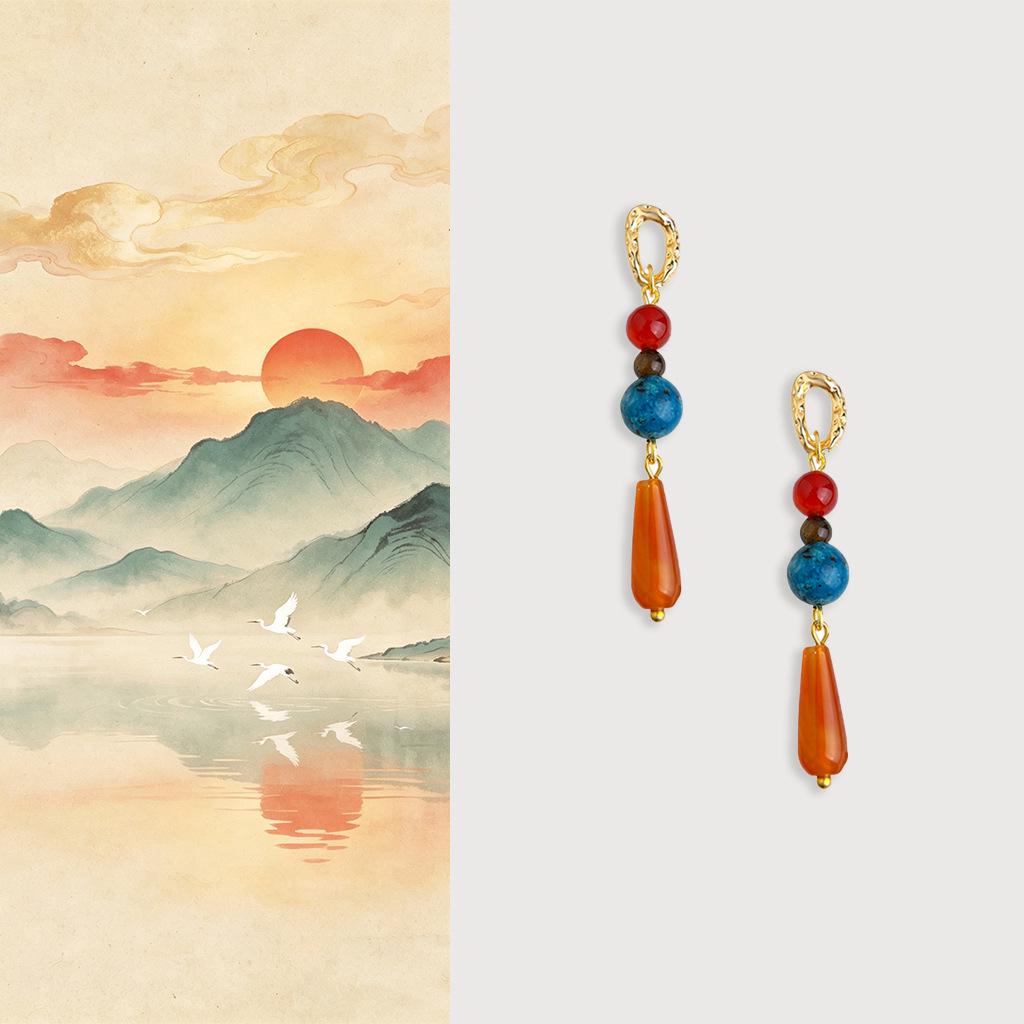 Artistic Retro Red Agate Water Drop Earrings - Chinese Ethnic Style for Women