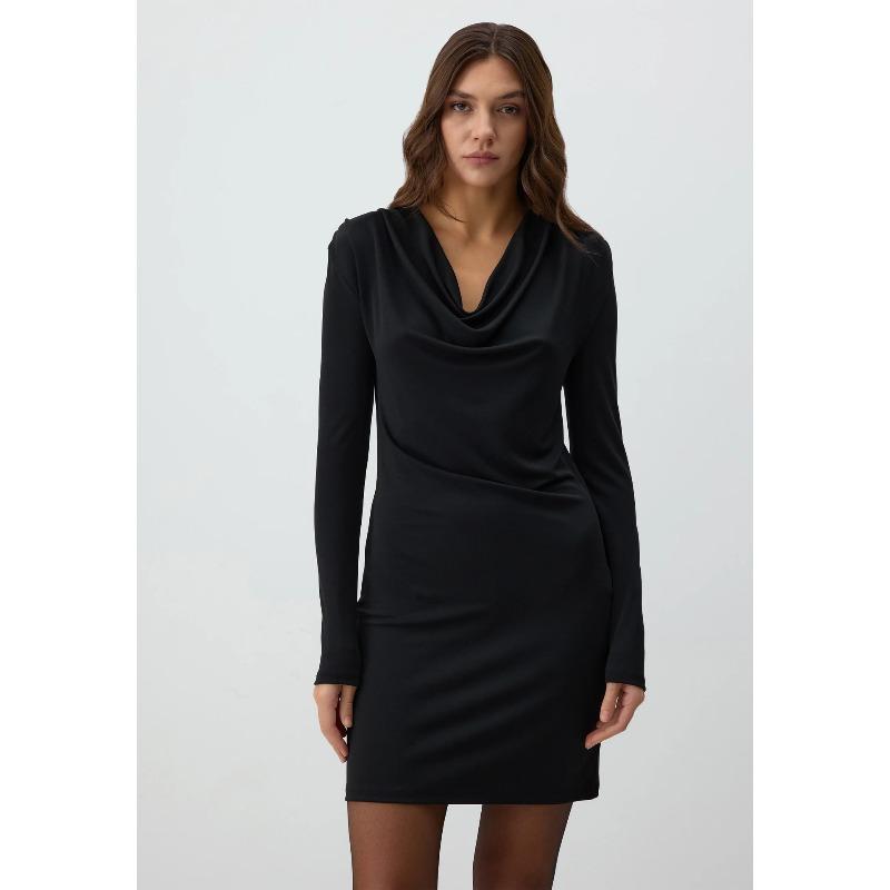 VEZFAA אופנת נשים אביב סתיו הדפס צבע אחיד עם שרוולים ארוכים צווארון V גבוה מותן שמלות קז'ואל