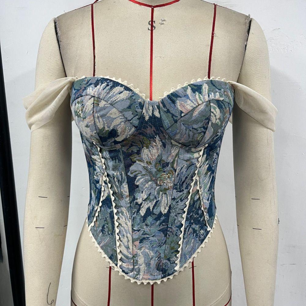 Jacquard Fabric Fish Bone Corset Lace Camisole Top Elegant Jacquard Corset Vest  Evening Wear