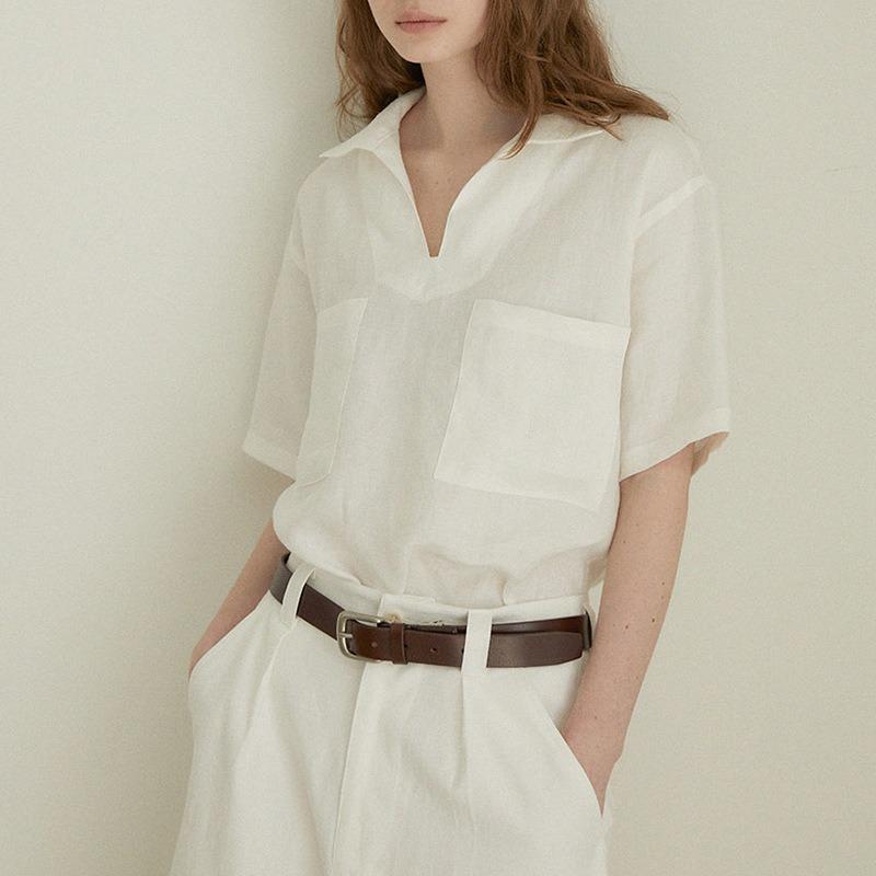Women 100% Pure Linen V Neck Short Sleeve Summer Blouse, Lightweight Breathable Solid Color Minimalist Top S белый