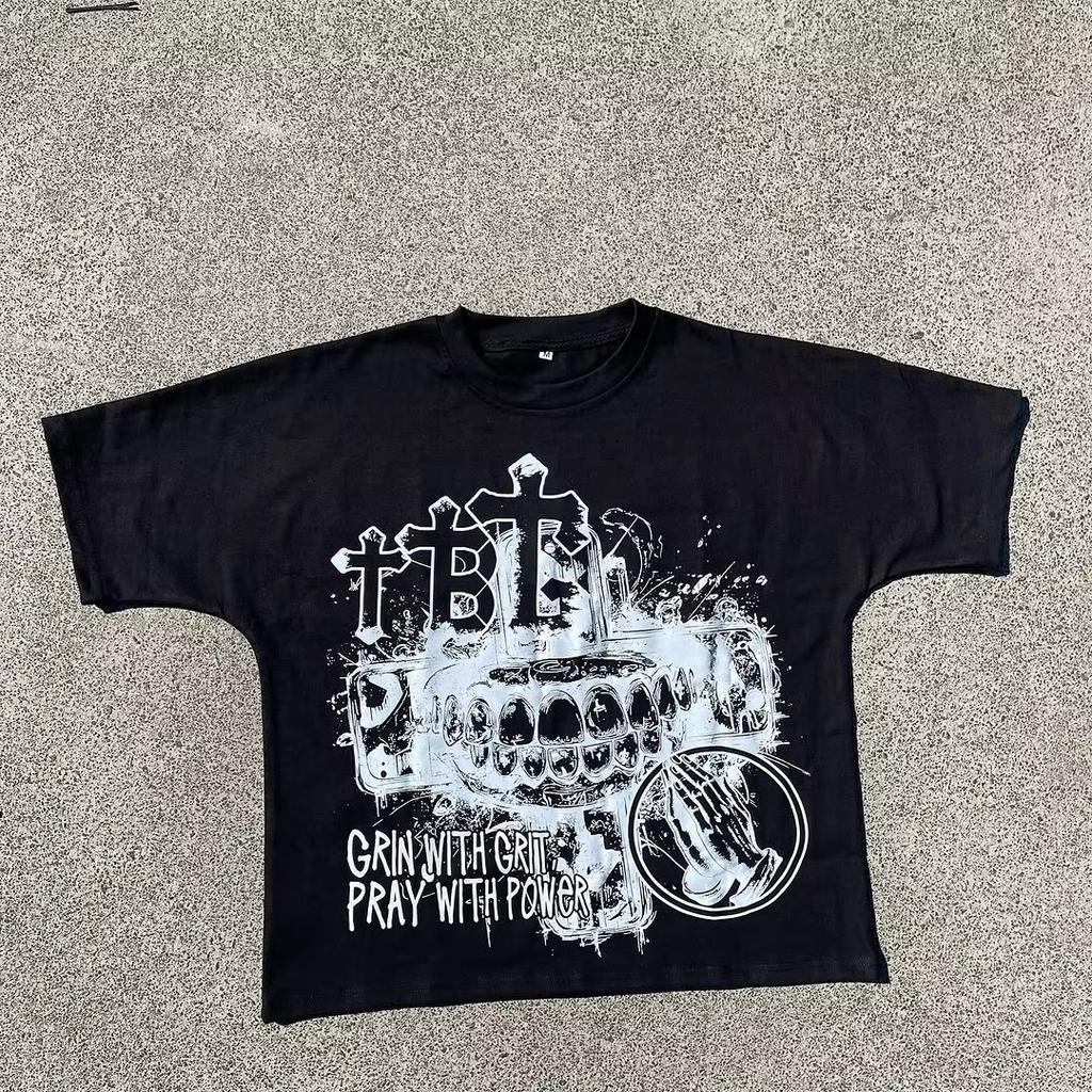 American Gothic Fashion Personalized Street Art Ink Spoofed Graffiti Oversized Print T-shirt Men's Loose Casual Daily Wear Top