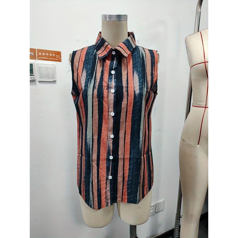 Womens Striped Print Button Down Sleeveless Casual Cardigan Shirt