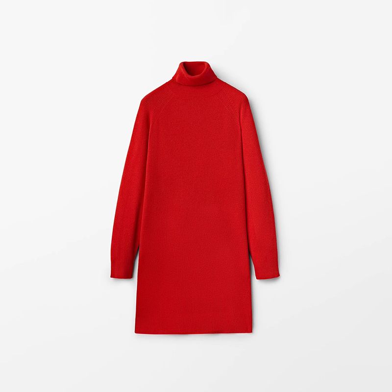 

MD Women clothes New Fleece Blended Turtleneck sweater Long sleeve Skirts Reverse Knitted dress Female 06614618649 Red XS