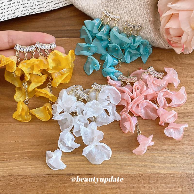 Summer limited~ Silver needle zircon chiffon flower stud earrings sweet vacation style earrings super fairy design fashion earrings