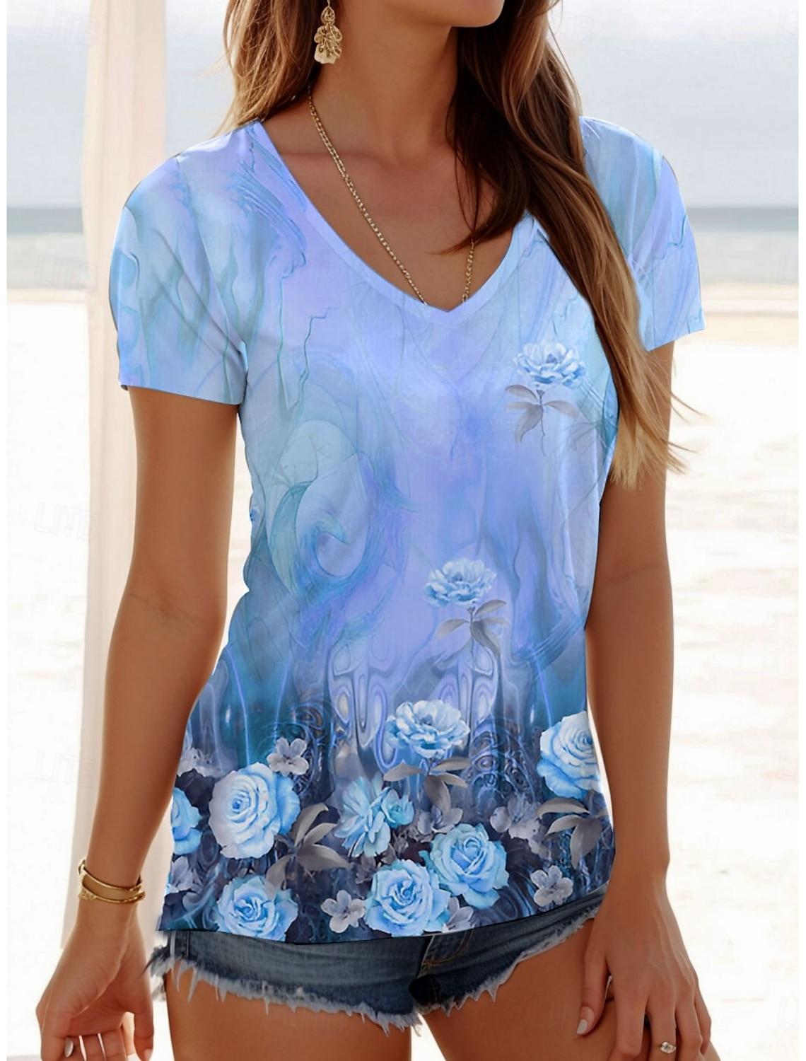 

2025 Женская Модная Футболка Цветочный Графический Модный Короткий рукав V-образный вырез Обычный Топ XXXL