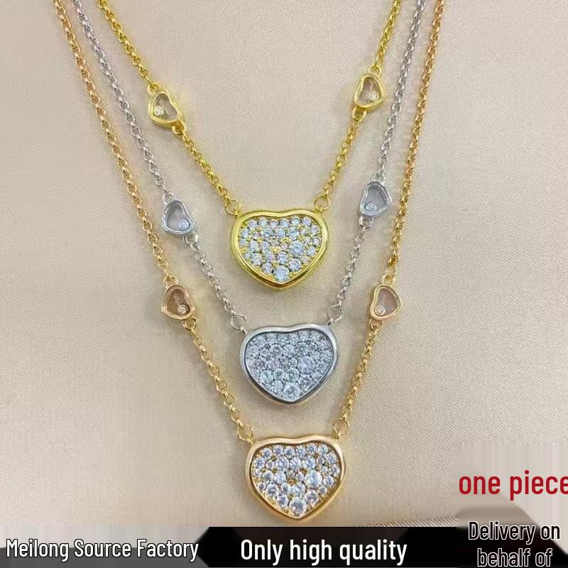Chopin V Gold Happy Diamond Heart Necklace - Versatile, Fashionable, Full Diamond Heart Clavicle Chain, Lively European and American Style. Rose Gold