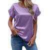 Women's T-Shirt Summer Elegant Solid Round Neck Rolled Short Sleeve Satin Silk Blouse Tops