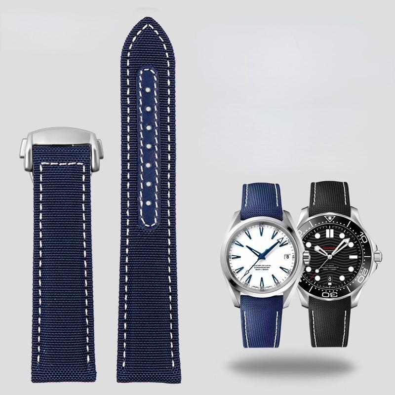 Blue nylon leather strap For Omega New Seamaster 300 Super Master AT150 Fabric Leather AQUA TERRA men's strap 19mm 20mm