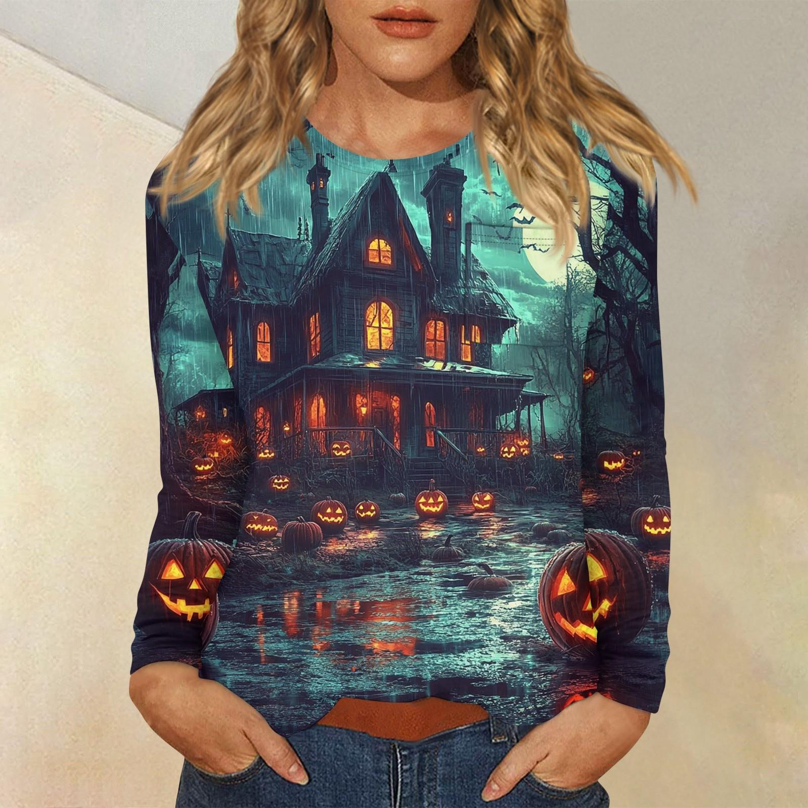 

Женский повседневный топ с длинными рукавами и круглым вырезом с принтом на тему Хэллоуина XXL
