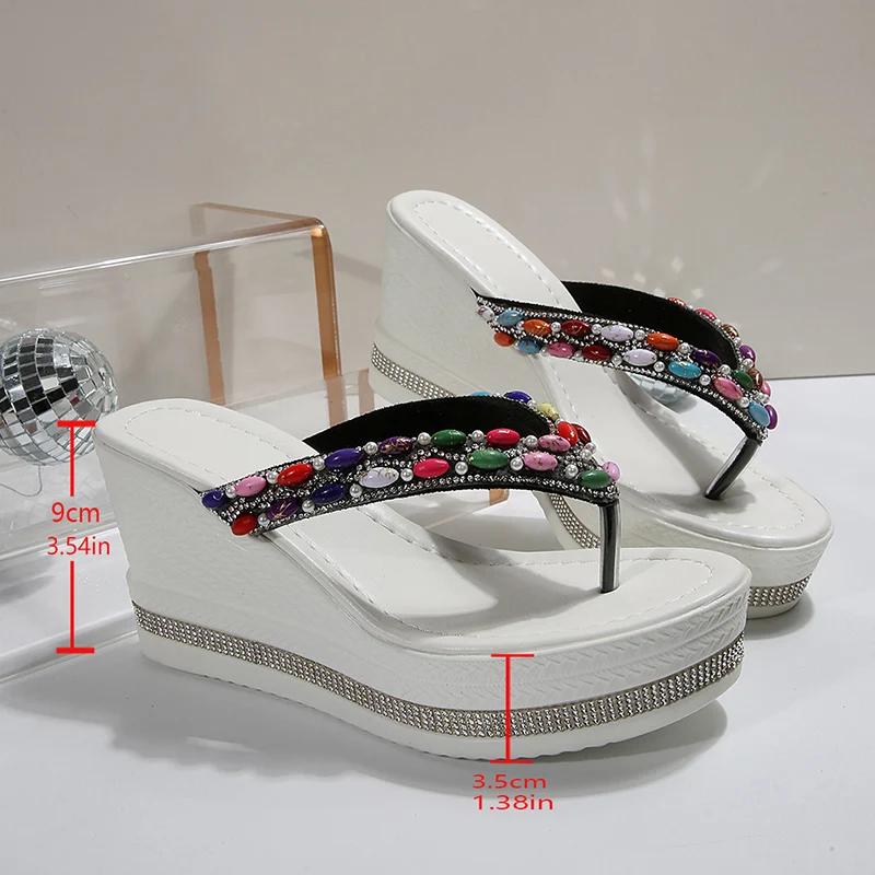 Fashion Colorful Beaded Wedge Heel Flip Flops for Women Fashion Clip Toe Chunky Platform Sandals Woman Summer Thick Sole Beach Slippers