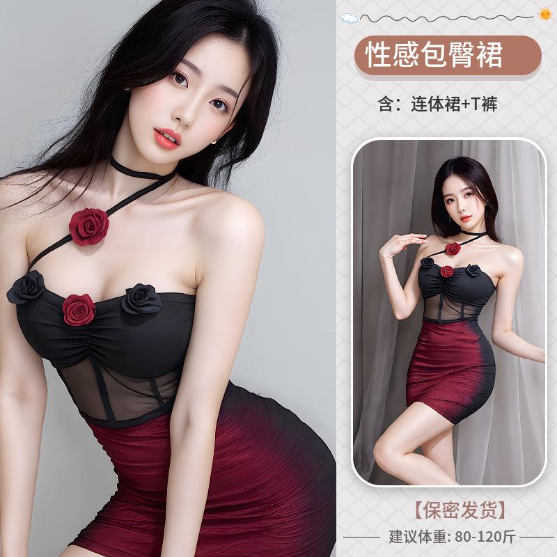 Sexy underwear, dark wind, Spice girls, perspective mesh, rose cheongsam hanging neck, sexy backless hip-wrapped slim woman