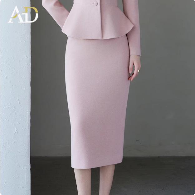 AD Korean Style Women's Stand-Up Collar Coat & Pink Wool Skirt Set, 2025 Winter Collection