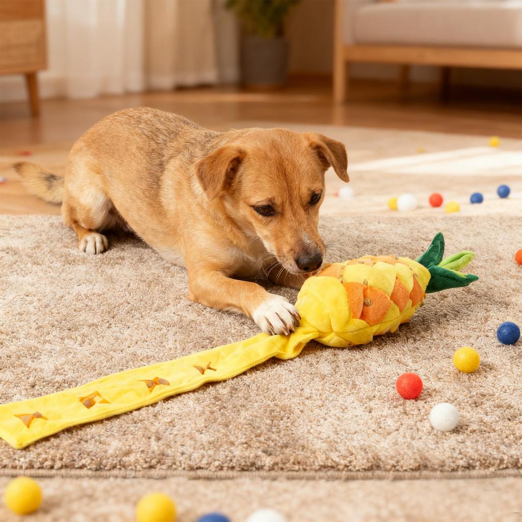 Versteckfutter Ananas Drachenfrucht Hunde-Beschäftigungsspielzeug mit Knisterpapier, Geräusch und Duft für mittelgroße bis große Hunde gegen Langeweile