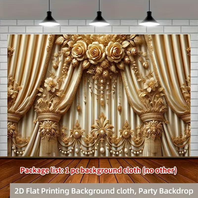 2D Flat Printing Party Backdrop Luxurious Gold Floral Curtain Scene