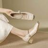 Mary Jane Square Head Single Shoes with Thick Heels 2025 Splicing Douyin Popular Single Shoes Women's Chinese Style