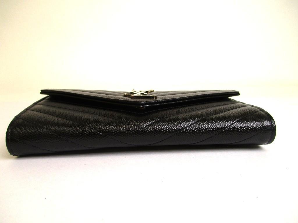 Authentic Saint Laurent YSL Silver YSL Motif Black Leather Long Flap Wallet #a875  Refurbished