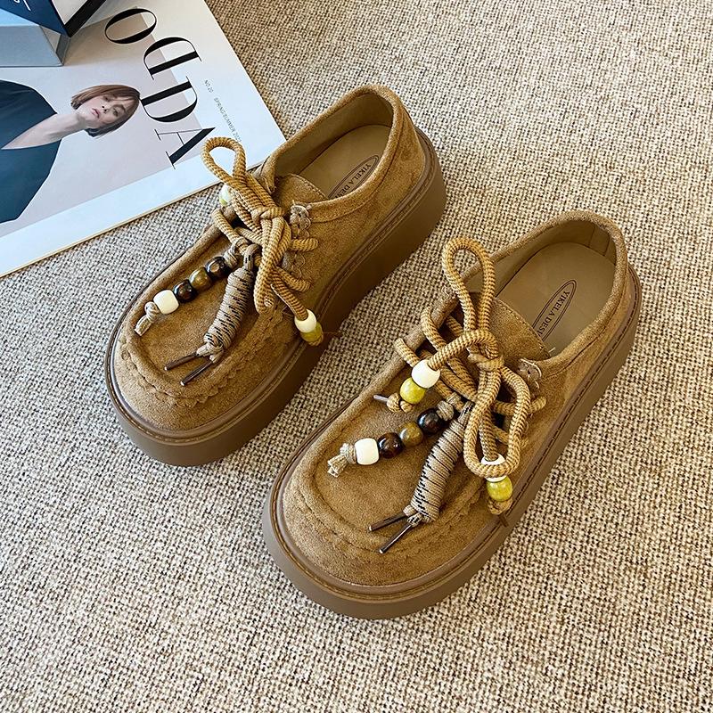 Fashion Women's Casual Thick Bottom Shoes Outdoor Wear Wide Foot Half Slippers Retro Toe Covering Comfortable Footwear Lace Up for Women