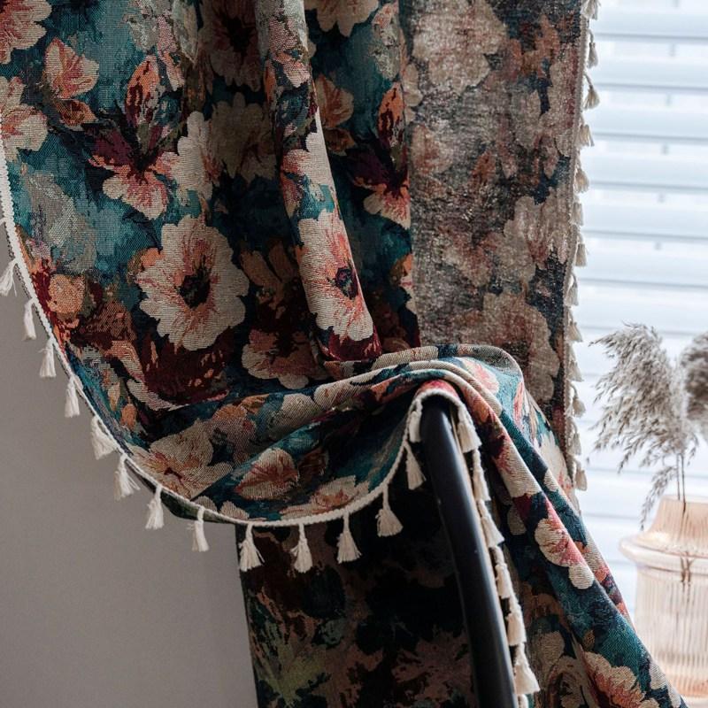 Polyester Cotton American Style Retro Jacquard Tassel Oil Painting Curtain Living Room Semi-shading Drape Kitchen Valance