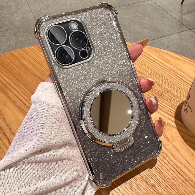 Glitter makeup mirror holder phone15promax mobile phone case Apple 14 four-corner airbag anti-drop 13 soft cover 2