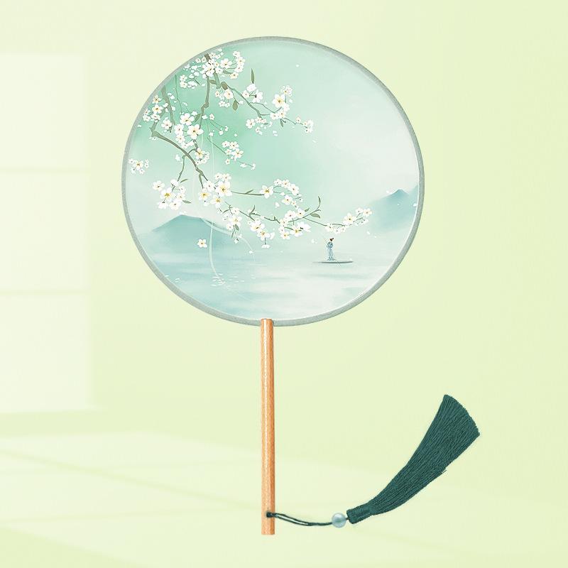 Girls' Summer Hanfu Dance Fan: Long Handle, Double-Sided Embroidered Round Fan for Traditional Costume