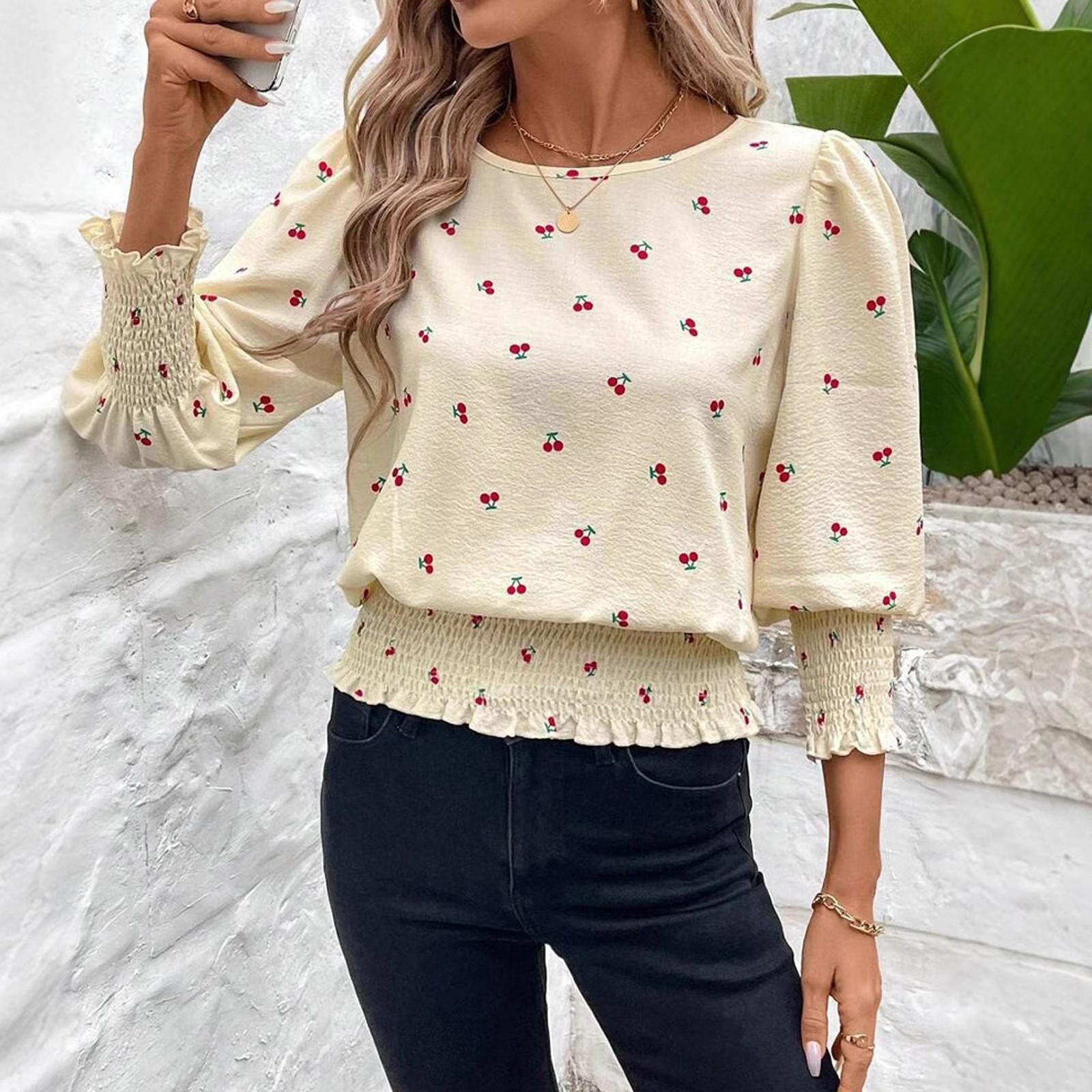 

Blouses For Women Dressy Casual 3/4 Length Sleeve Womens Tops O Neck T Shirts With Smocked Cuffs M помаранчевий
