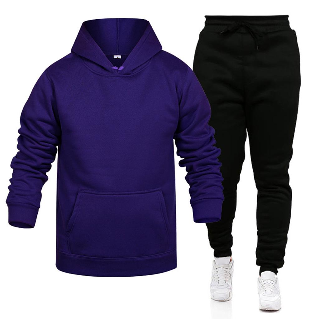 Men's Winter Solid Color Long-Sleeved Hooded Drawstring Sweatshirt And Sweatpants Suit