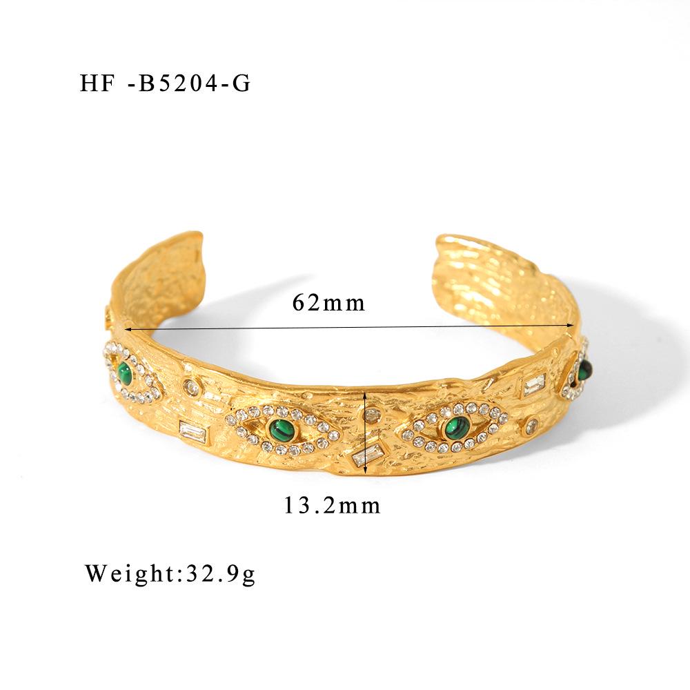 18K Gold Malachite Angel Eye Open Bangle with Textured Square Plate
