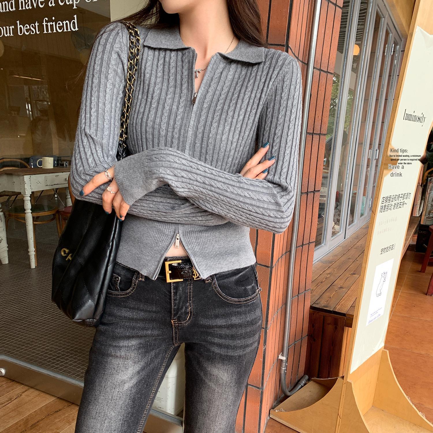 Elegant European Twist Knit Stand Collar Cardigan for Women - Slim Fit, Long Sleeve, Autumn 2025 Small серый