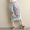 Women Midi Skirt Elastic Drawstring Waist Embroidery Flower Pattern Denim Skirt with Pockets Side Split Hem Skirt