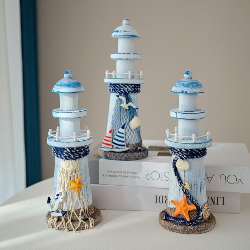 Wooden Lighthouse Decors Nauticals Theme Decors Lighthouse with Starfishs Fish Net Decors Decorative Ornament for Home Decors