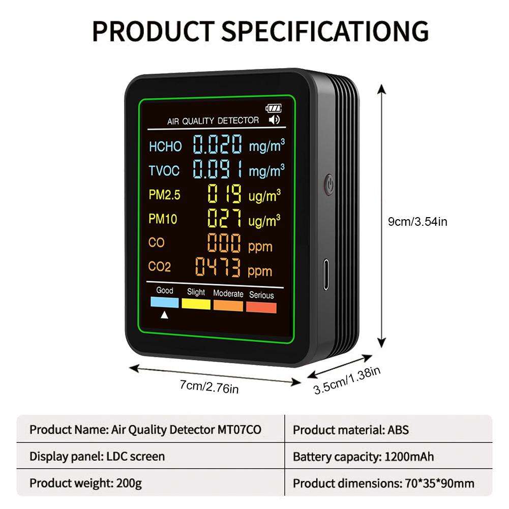 NEW 6-in-1 Air Quality Monitor Real-Time Carbon Dioxide Detector Formaldehyde TVOC CO2 CO Temp Humidity Tester for Home & Office