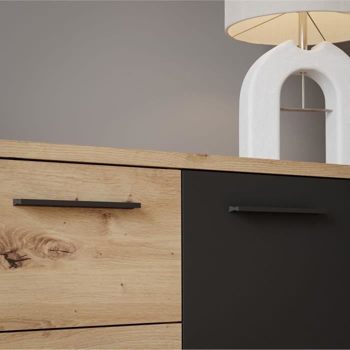 PILVI sideboard - Contemporary style - Melamine particles - Artisan oak and black decor - 4 doors + 3 drawers - L179.2 x D42 x H74.5