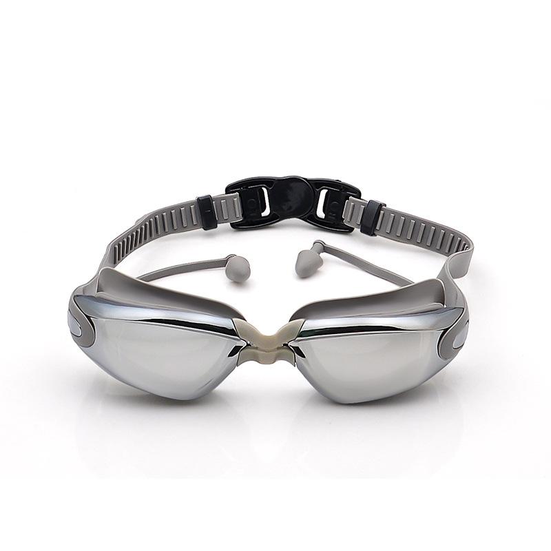 Adult wide-view swimming goggles, high-definition, waterproof, anti-fog, electroplated silicone swim goggles with integrated earplugs