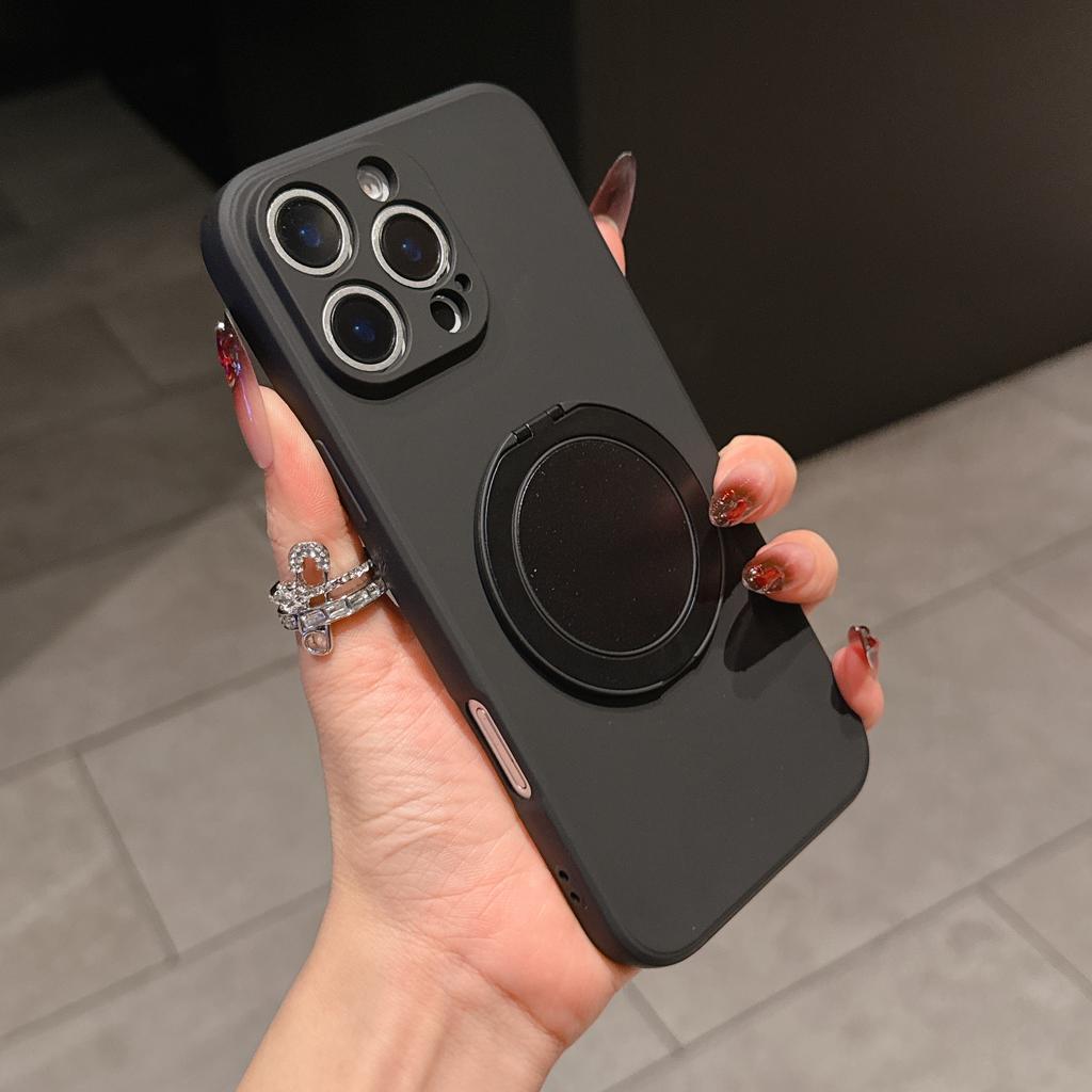 Luxury Matte Silicone Ring Holder Back Cases For iPhone 16E 16 15 14 13 12 Mini 11 Plus Pro Max Rotating Bracket Bumper Cover