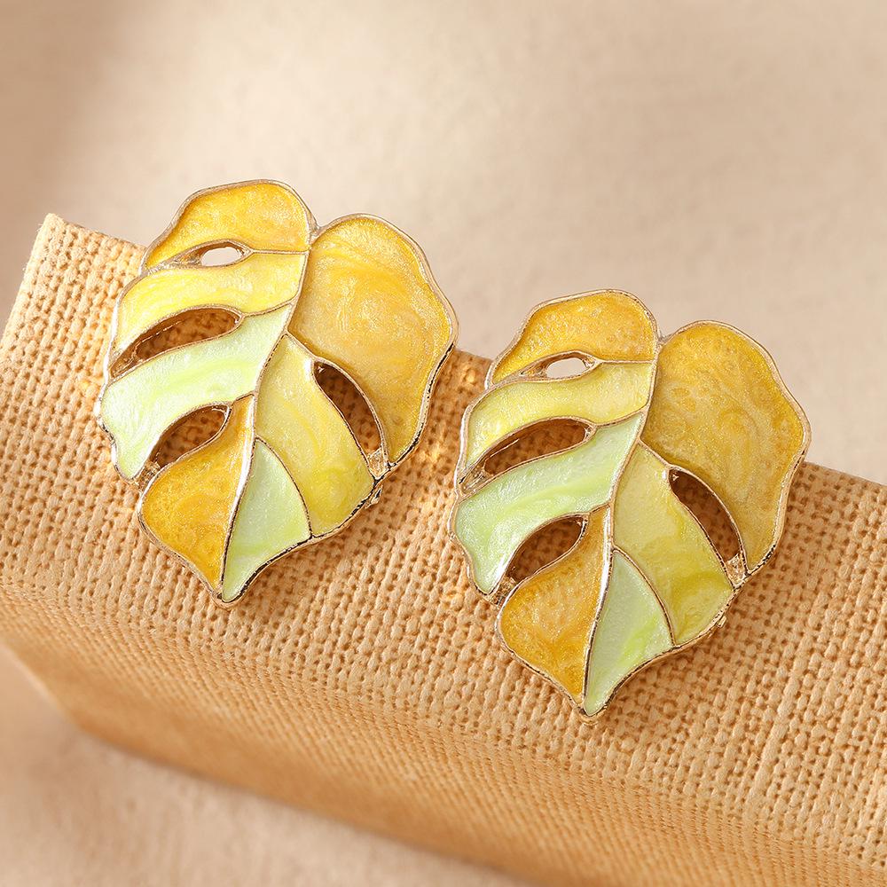 Korean Style Green Leaf Drip Oil Earrings - Elegant Alloy Design for Women