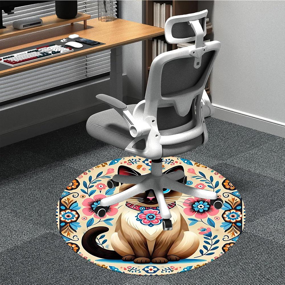 1pc Floral Cat Office Round Area Rug, Indoor Mat Suitable For Office, Under Office Chairs Bedroom Living Room Home Decor, Room Deco