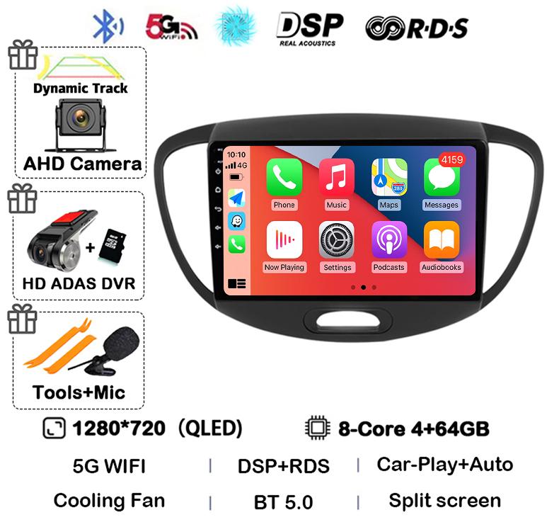 Android 14 CarPlay Auto Car Radio GPS For Hyundai i10 2007 2008 2009 2010 2011 2012 2013 Multimedia Video Player Stereo WIFI+4G